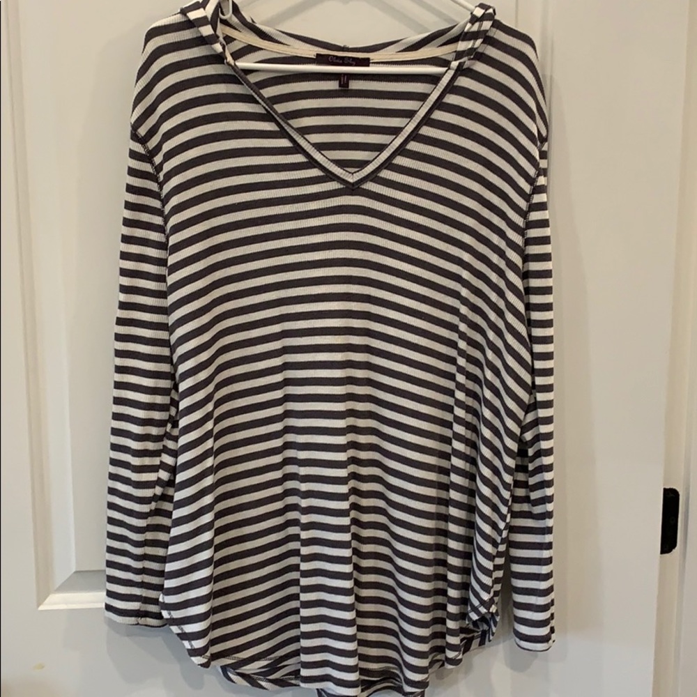 Grey and White Stripped Hooded Sweater
